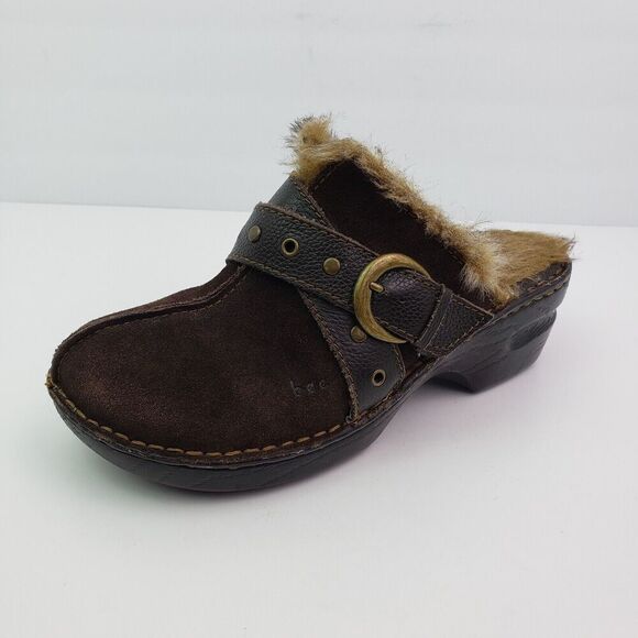 Boc Born Concept Womens Sz 8 Brown Suede Leather Slip On Faux Fur Mule Clog Shoe - Picture 2 of 11